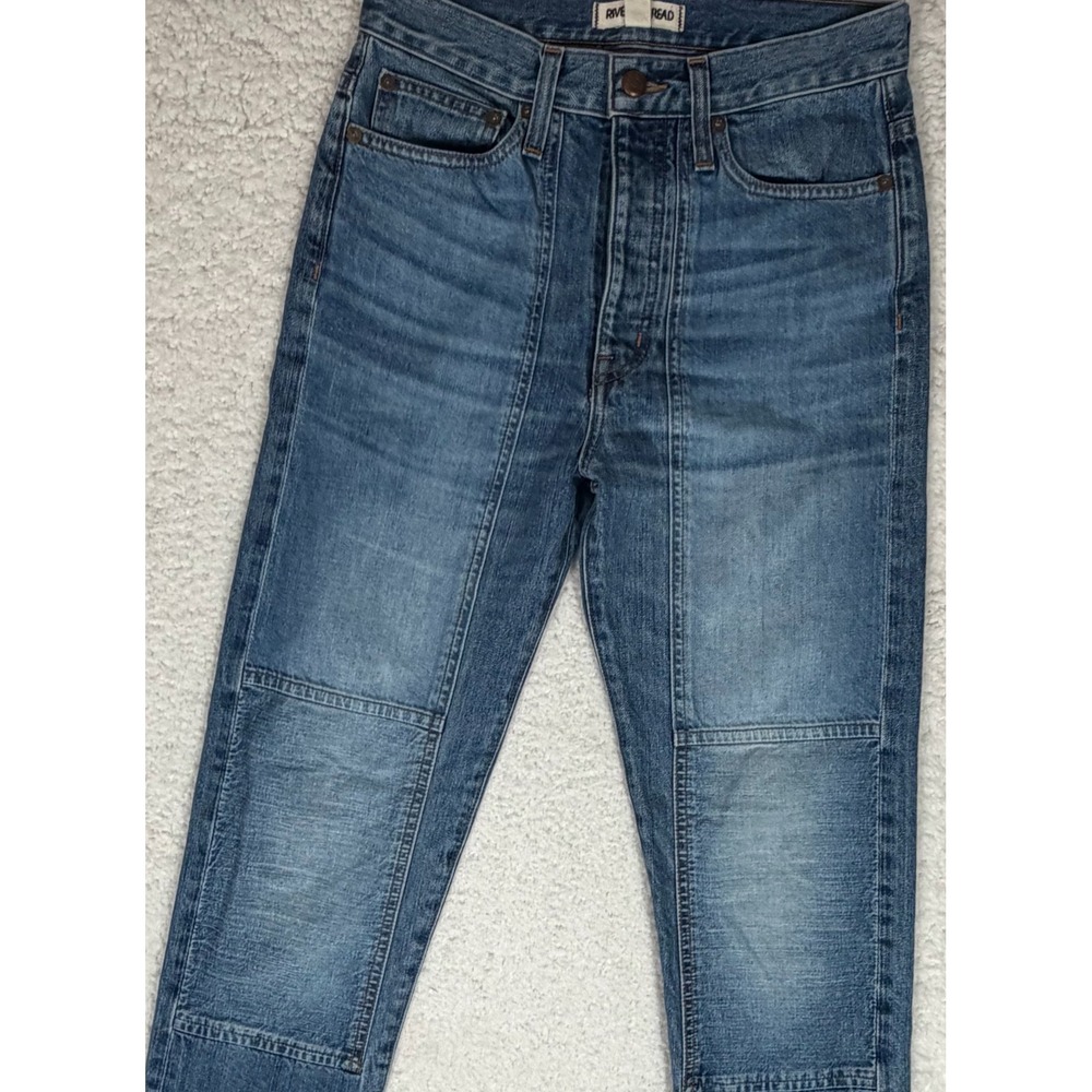 Rivet & Thread  Sz 25 High-Rise Slim Boyjeans Thigh-Patch Edition Blue Denim USA